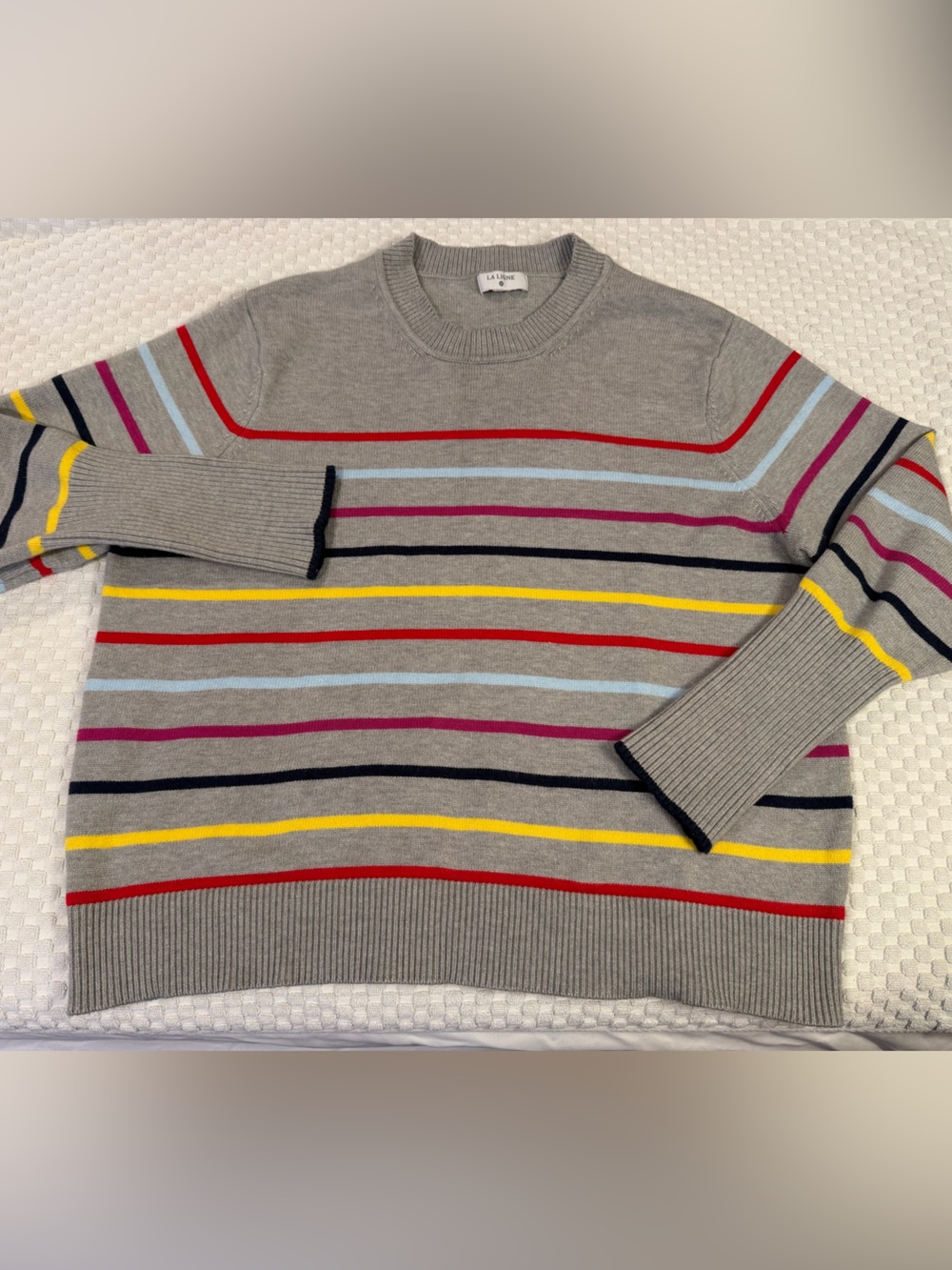 La Ligne Gray Crewneck Sweater with Multicolor Stripes, Size XL